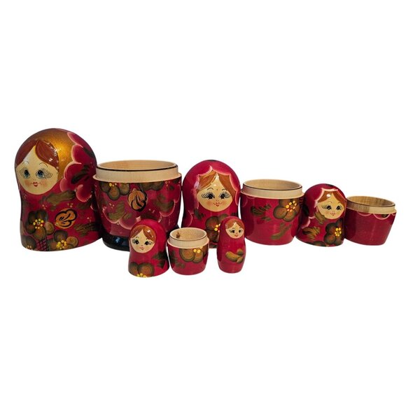 Hand-Painted Russian Matryoshka Nesting Dolls Set Of 5 Floral Design Glossy Red - Picture 4 of 16